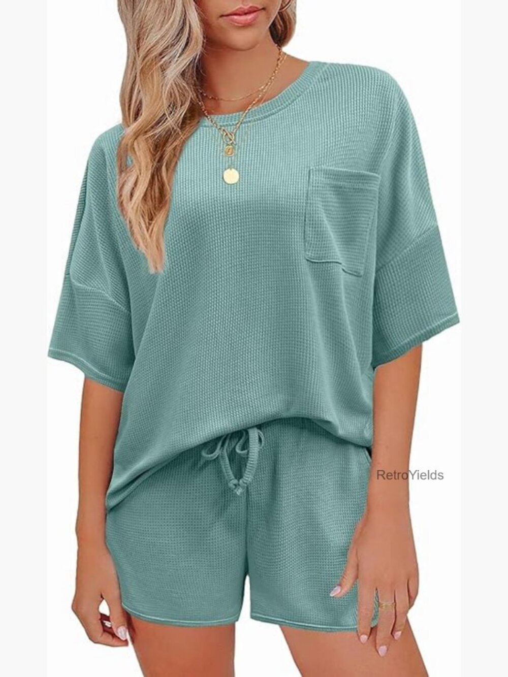 Waffle Knit Lounge Set Short Sleeve Top Shorts 2 Piece Pajamas
